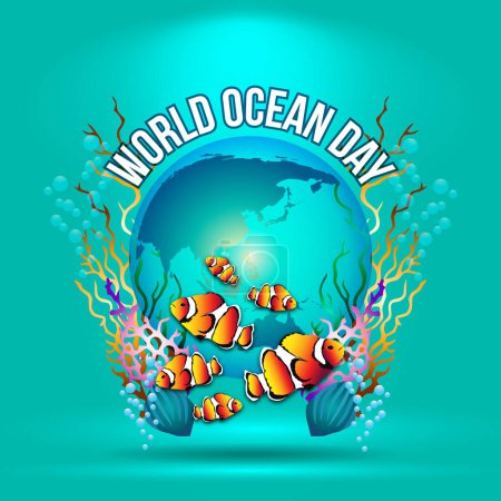 Téléchargez les illustrations : Journée mondiale de l'océan avec un poisson-clown comme mascotte logo - en licence libre de droit
