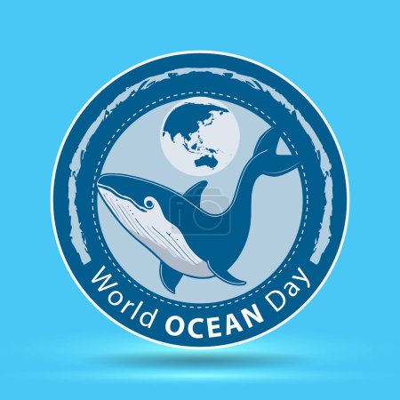 Téléchargez les illustrations : Journée mondiale de l'océan avec une baleine comme mascotte logo - en licence libre de droit
