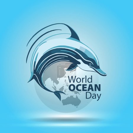 Téléchargez les illustrations : Journée mondiale de l'océan avec un dauphin comme mascotte logo - en licence libre de droit