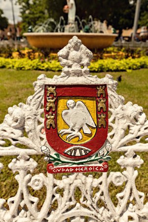 Photo for Coat of arms of Valladolid town in the central park, Yucatan, Mexico - Royalty Free Image