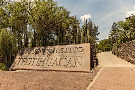 Photo for Teotihuacan Pyramids Complex, entrance sign, Mexican archaeological complex northeast of Mexico City - Royalty Free Image
