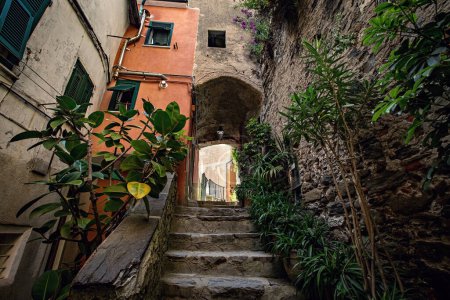 Foto de Arquitectura tradicional italiana, casas coloridas y calle estrecha en VERNAZZA, Riviera Italiana, Cinque Terre, Liguria, Italia - Imagen libre de derechos