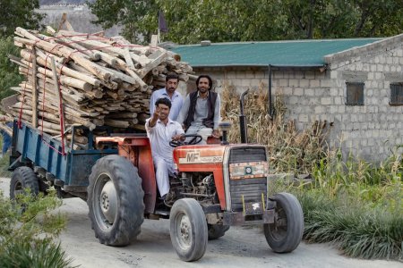 Téléchargez les photos : Agriculteurs pakistanais dans le tracteur de récolte au champ Pakistan - en image libre de droit