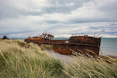 Foto de Naufragio llamado Amadeo en la costa del Estrecho de Magallanes, naufragio oxidado, Tierra del Fuego, Chile - Imagen libre de derechos