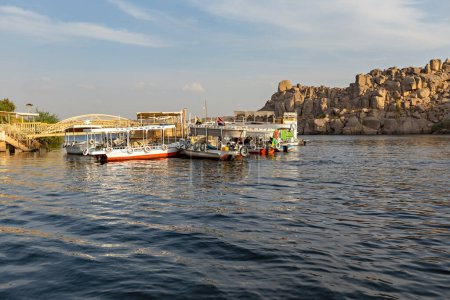 Photo for Boats on the Nile river near Philae temple Aswan Egypt - Royalty Free Image