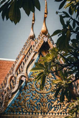 Roof details of Wat Saket Golden Mount temple in Bangkok, Thailand