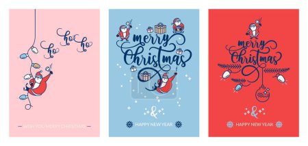 Set of merry Christmas and Happy New Year greeting cards with Santa Claus. Winter holidays. Pink, blue and red backgrounds.
