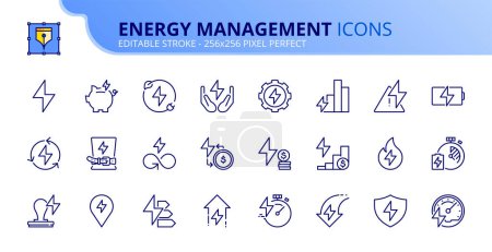 Zeilensymbole zum Thema Energiemanagement. Nachhaltige Entwicklung umfasst Symbole wie Sparen, Regulierung, Preisanstieg, Konsum und Effizienz. Editierbarer Strich Vector 256x256 Pixel perfekt