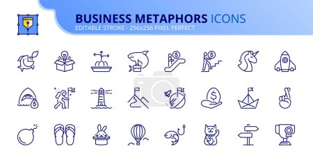 Line icons about business and finances metaphors and idioms. Contains such icons as mission, vision, and success. Editable stroke Vector 256x256 pixel perfect