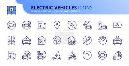 Illustration for Line icons about electric vehicles. Sustainable development Contains such icons as electric car, motorbike, scooter, battery and charging station. Editable stroke Vector 256x256 pixel perfect - Royalty Free Image