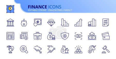 Liniensymbole zum Thema Finanzen. Finanzkonzept. Enthält Symbole wie Sparschwein, Bank, Börse, Investition und Konten. Editierbarer Strich Vector 256x256 Pixel perfekt