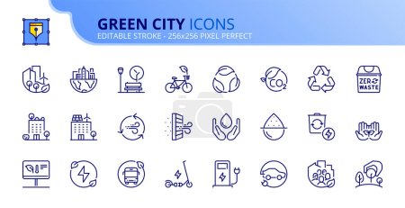 Liniensymbole über grüne Stadt. Nachhaltige Entwicklung. Enthält Symbole wie erneuerbare Energien, autonomes Bauen, Luft- und Wasserqualität. Editierbarer Strich Vector 256x256 Pixel perfekt