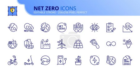 Illustration for Line icons about net zero. Sustainable development. Contains such icons as green energy, CO2 neutral, save Earth, climate action. Editable stroke Vector 256x256 pixel perfect - Royalty Free Image