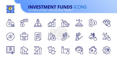 Zeilensymbole über Investmentfonds. Finanzkonzept. Enthält Symbole wie ETF und Investmentfonds, Rohstoffe und Aktien. Editierbarer Strich Vector 256x256 Pixel perfekt