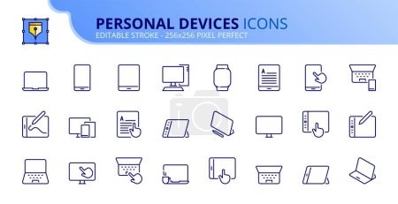 Illustration for Line icons about personal devices. Contains such icons as mobile, tablet, PC, ereader, smart watch, laptop and smartphone. Editable stroke Vector 256x256 pixel perfect - Royalty Free Image