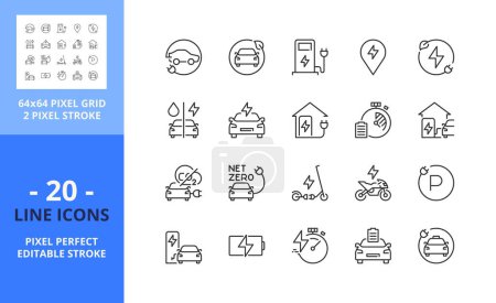 Illustration for Line icons about electric vehicles. Sustainable development Contains such icons as electric car, motorbike, scooter, battery and charging station. Editable stroke. Vector - 64 pixel perfect grid - Royalty Free Image