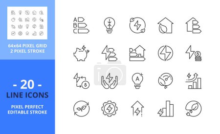 Illustration for Line icons about energy efficiency and saving. Sustainable development. Contains such icons as renewable energy, environmental goal, value, eco transition. Editable stroke. Vector - 64 pixel perfect grid - Royalty Free Image