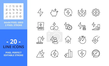 Illustration for Line icons about energy management. Sustainable development Contains such icons as saving, regulation, price rise, consumption and efficiency. Editable stroke. Vector - 64 pixel perfect grid - Royalty Free Image
