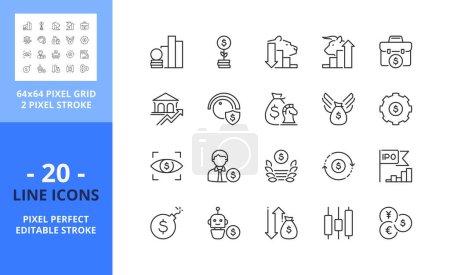 Line icons about investment. Financial concept. Contains such icons as stock exchange, bull and bear market, capital risk and IPO. Editable stroke. Vector - 64 pixel perfect grid