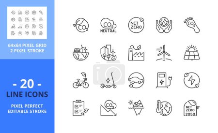 Illustration for Line icons about net zero. Sustainable development. Contains such icons as green energy, CO2 neutral, save Earth, climate action. Editable stroke. Vector - 64 pixel perfect grid - Royalty Free Image