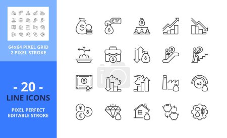 Téléchargez les illustrations : Line icons about investment fund. Financial concept. Contains such icons as ETF and mutual funds, commodities and stock. Editable stroke. Vector - 64 pixel perfect grid - en licence libre de droit