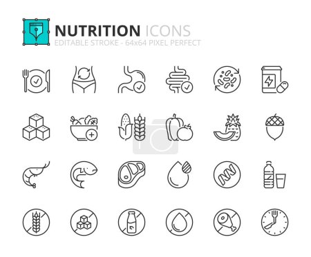 Illustration for Line icons about nutrition. Contains such icons as healthy food, fat, protein, vegetables, fruit, carbohydrates, and sugar. Editable stroke Vector 64x64 pixel perfect - Royalty Free Image