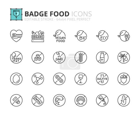 Liniensymbole über Badge Food. Enthält Symbole wie Biolebensmittel, Allergene, Zutatenwarnung und Nahrungsmittelunverträglichkeit. Editierbarer Strich Vector 64x64 Pixel perfekt