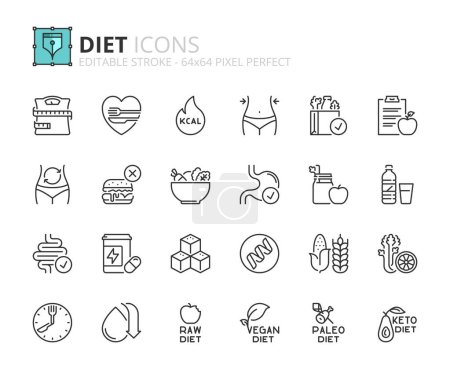 Line icons about diet. Contains such icons as healthy food, fat, protein, vegetables, fruit, carbohydrates, and sugar. Editable stroke Vector 64x64 pixel perfect