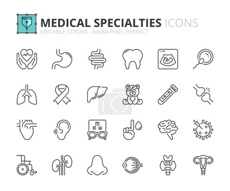 Illustration for Line icons about medical specialties. Contains such icons as health care, virology, gynecology, cardiologist and human organs. Editable stroke Vector 64x64 pixel perfect - Royalty Free Image