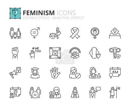 Ilustración de Line icons  about feminism. Contains such icons as gender equality, women's rights and girl power. Editable stroke Vector 64x64 pixel perfect - Imagen libre de derechos