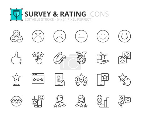 Illustration for Line icons about survey and rating. Contains such icons as referral marketing, customer satisfaction, CRM, feedback and testimonials. Editable stroke Vector 64x64 pixel perfect - Royalty Free Image
