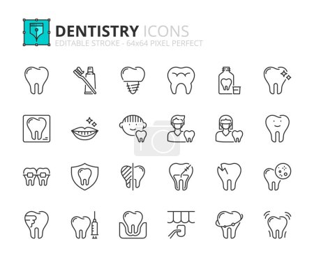 Illustration for Line icons about dentistry and dental care. Contains such icons as smile, hygiene, implant, x ray, orthodontics and tooth decay. Editable stroke Vector 64x64 pixel perfect - Royalty Free Image
