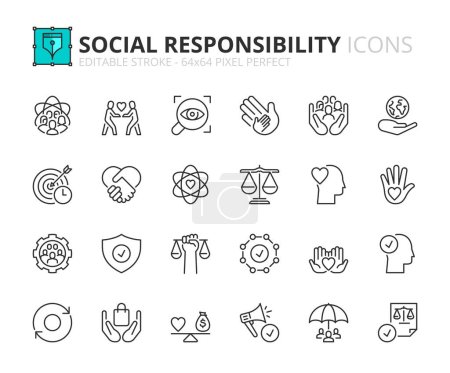 Zeilensymbole über die soziale Verantwortung von Unternehmen. Enthält Symbole wie Grundwerte, Transparenz, Wirkung, ethisches Geschäft und Vertrauen. Editierbarer Strich Vector 64x64 Pixel perfekt