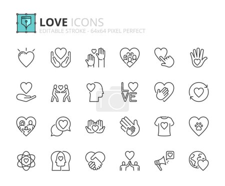 Illustration for Line icons about love. Contains such icons as donate, friendship, care, solidarity and ethical business. Editable stroke Vector 64x64 pixel perfect - Royalty Free Image