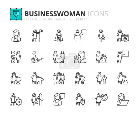Ilustración de Line icons  about businesswoman. Contains such icons as success, aspirations, career and leadership. Editable stroke Vector 64x64 pixel perfect - Imagen libre de derechos