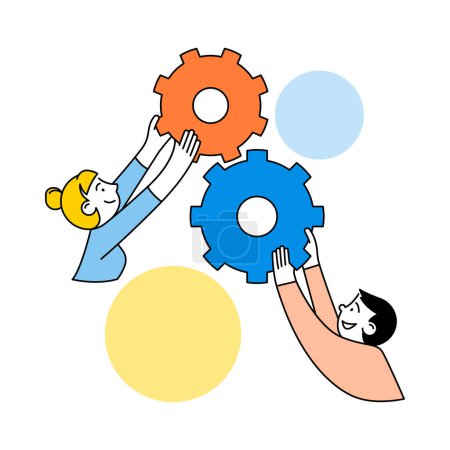 Téléchargez les illustrations : Illustration about business concept with people in business activities. A man and a woman with gears. Production time in business process. - en licence libre de droit
