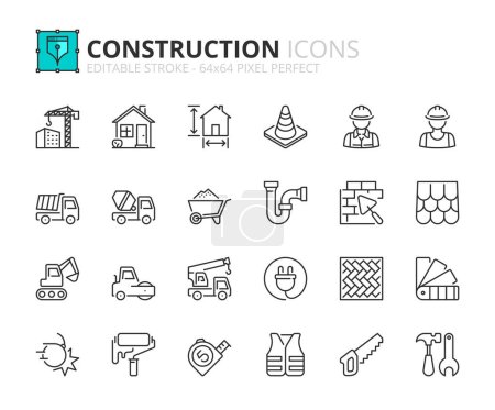 Zeilensymbole über den Bau. Enthält Ikonen wie Architektur, Arbeiter, Material, Werkzeuge und Baufahrzeuge. Editierbarer Strich Vector 64x64 Pixel perfekt