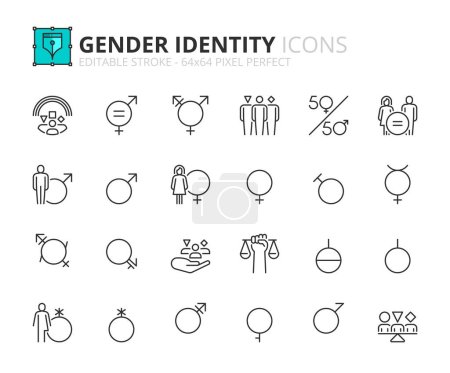 Téléchargez les illustrations : Icônes de ligne sur l'identité de genre. Contient des icônes telles que l'égalité, mâle, femelle, transgenre et genre queer. Course modifiable vecteur 64x64 pixel parfait - en licence libre de droit