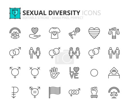 Téléchargez les illustrations : Icônes de ligne sur la diversité sexuelle. Contient des icônes telles que hétéro, gay, lesbienne, bisexuel et lgbtq + touche modifiable vecteur 64x64 pixel parfait - en licence libre de droit