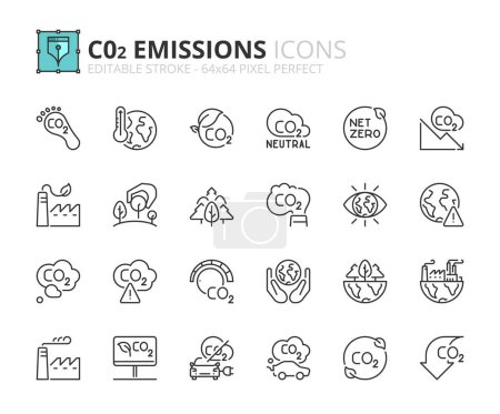 Ilustración de Iconos de línea sobre las emisiones de CO2. Contiene iconos como la plantación de árboles, cero neto y dióxido de carbono reducido. Carrera editable Vector 64x64 pixel perfecto - Imagen libre de derechos