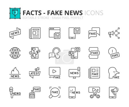 Ilustración de Iconos de línea sobre hechos y noticias falsas. Contiene iconos como agencia anti-falsificación, troll, bots sociales y periódico. Carrera editable Vector 64x64 pixel perfecto - Imagen libre de derechos