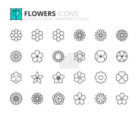 Téléchargez les illustrations : Ligne icônes sur les fleurs. Course modifiable vecteur 64x64 pixel parfait - en licence libre de droit