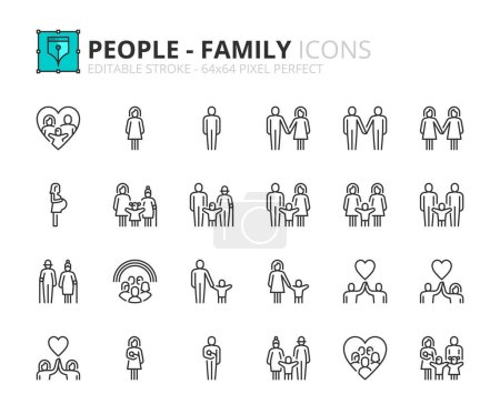 Zeilensymbole über Menschen, Arten von Familienstrukturen. Enthält Symbole wie Kinderlose, Kernfamilie oder Alleinerziehende. Editierbarer Strich Vector 64x64 Pixel perfekt