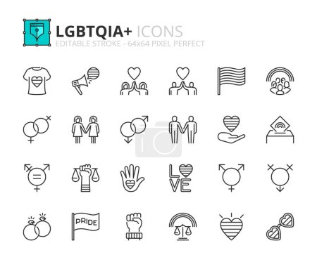 Téléchargez les illustrations : Icônes de ligne sur LGBTQIA +. Contient des icônes telles que l'amour, drapeau lgbt, jour de la fierté et la sexualité et la diversité des sexes. Course modifiable vecteur 64x64 pixel parfait - en licence libre de droit