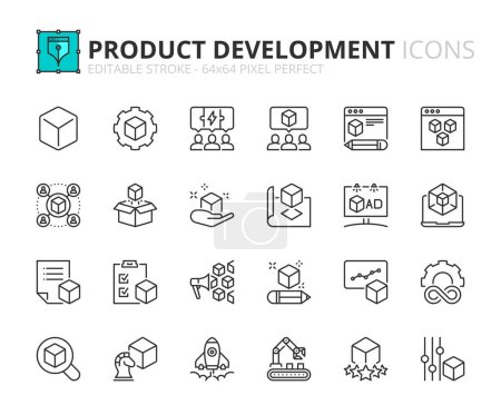 Liniensymbole über Produktentwicklung. Enthält Symbole wie Design, Test, Branding, Marketing und Produktion. Editierbarer Strich Vector 64x64 Pixel perfekt