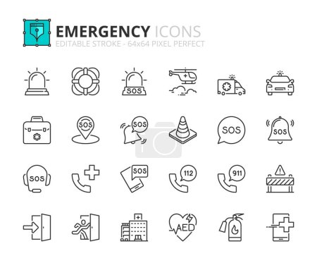 Illustrazione per Icone di linea sull'emergenza. Contiene icone come SOS, urgenza, veicoli e chiamate di emergenza. Corsa modificabile vettoriale 64x64 pixel perfetto - Immagini Royalty Free