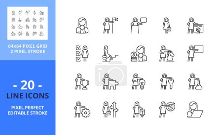 Illustration for Line icons  about businesswoman. Contains such icons as success, aspirations, career and leadership. Editable stroke. Vector - 64 pixel perfect grid - Royalty Free Image