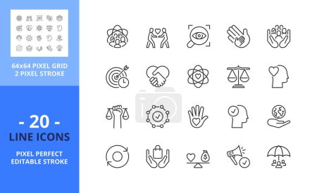 Illustration for Line icons about corporate social responsibility. Contains such icons as core values, transparency, impact, ethical business and trust.. Editable stroke. Vector - 64 pixel perfect grid - Royalty Free Image