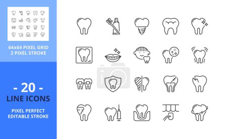 Téléchargez les illustrations : Ligne icônes sur la dentisterie et les soins dentaires. Contient des icônes telles que sourire, hygiène, implant, rayons X, orthodontie et carie dentaire. Course modifiable. Vecteur - grille parfaite de 64 pixels - en licence libre de droit