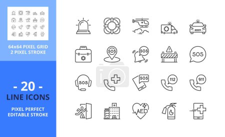 Illustration for Line icons about emergency. Contains such icons as SOS, urgency, vehicles and emergency call. Editable stroke. Vector - 64 pixel perfect grid - Royalty Free Image